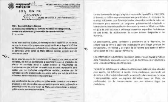 López Obrador exhibe carta en la que pide al INAI informe de ingresos de Loret de Mola