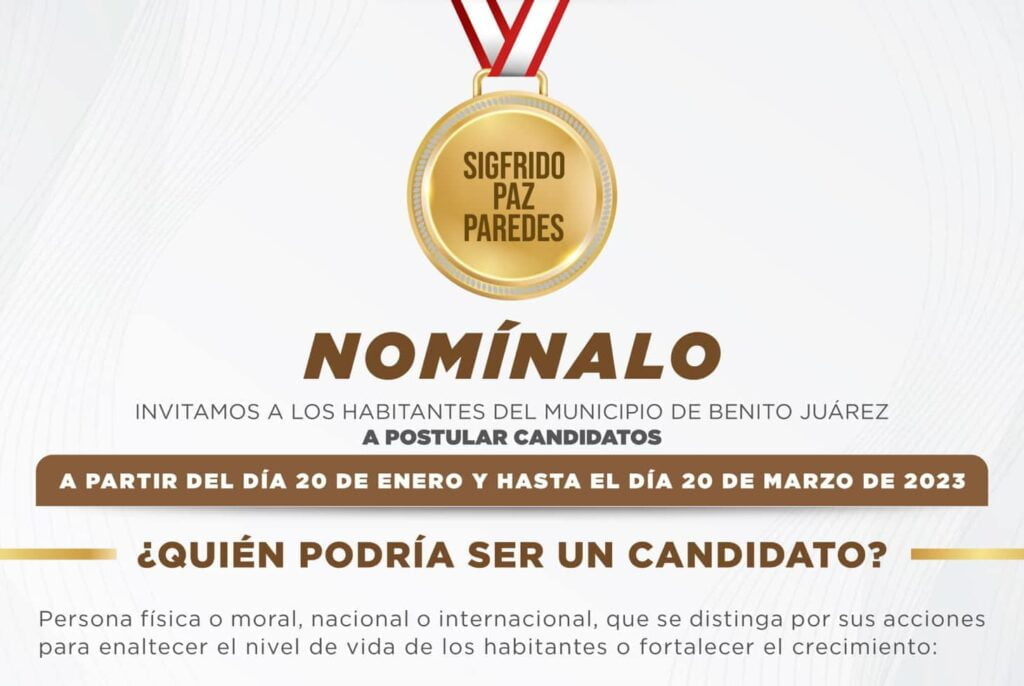 Invitan a registro de candidatos a medalla al mérito ciudadano “sigfrido paz paredes” edición 2023