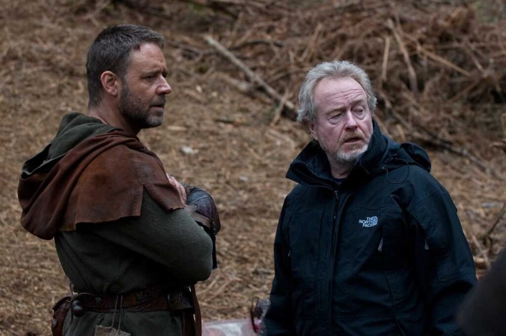 Russell Crowe y Riddle Scott durante la grabación de Robin Hood