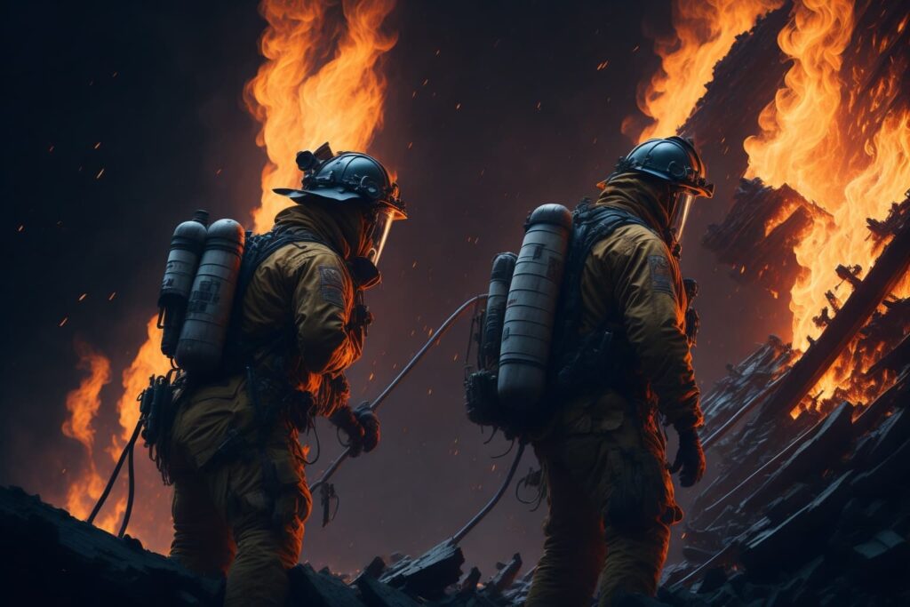 Imagen generada por inteligencia artificial de de dos bomberos disipando el fuego